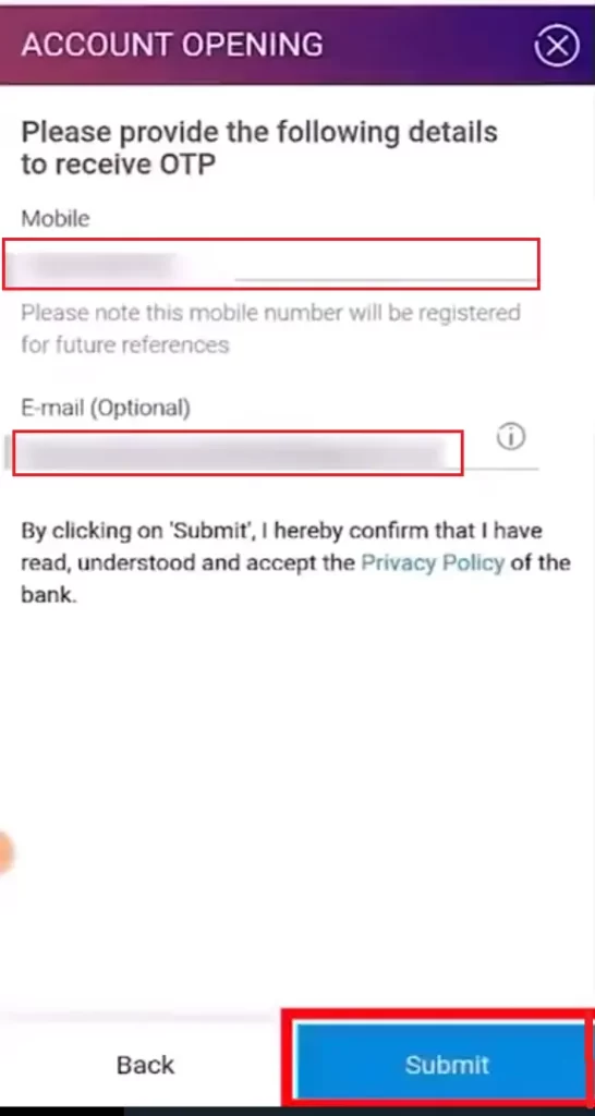 mobile number or email id for sbi account opening online