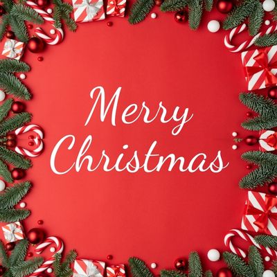 a circular design of gifts and a green tree with merry Christmas text