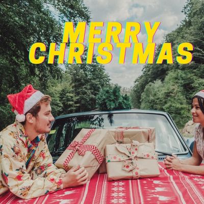 a woman and man with a car and Christmas hat in yellow text show merry christmas