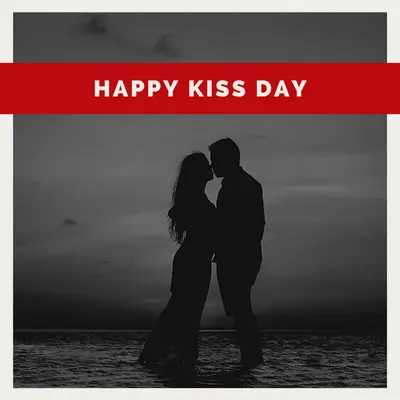 a beautiful couple kiss each other in dark and red background with happy kiss day wish message