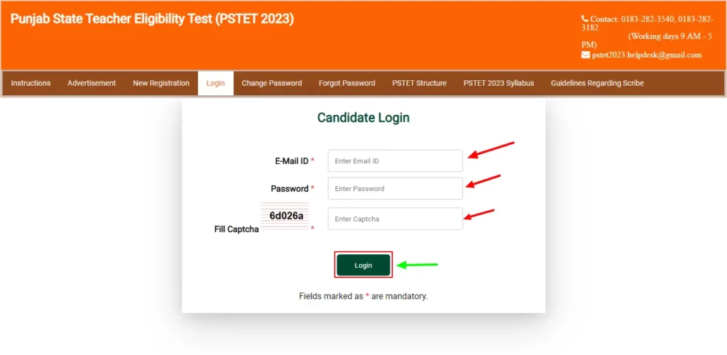 pstet admit card download link, login page