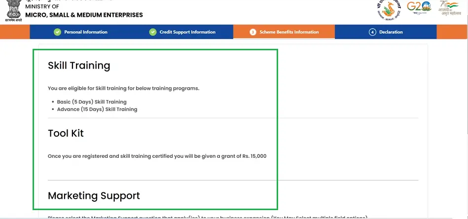 pm vishwakarma yojana skill training, tool kit and  marketing support