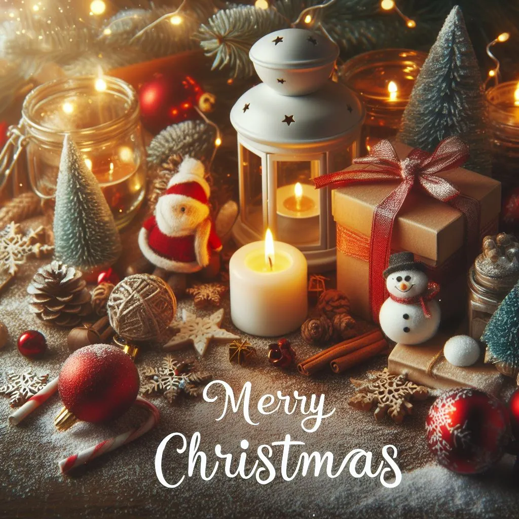 small toy, candle and gift with merry Christmas message text