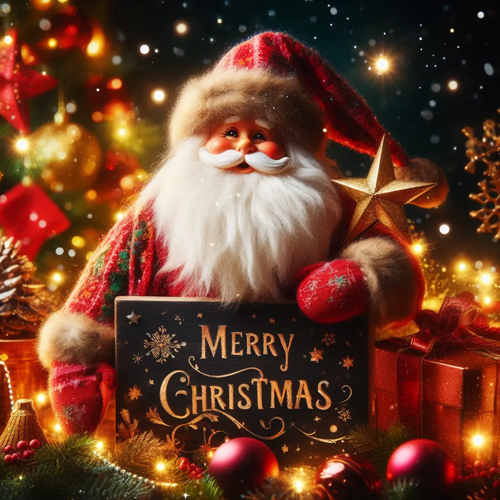 in this image santa claus holding a merry christmas wishes board