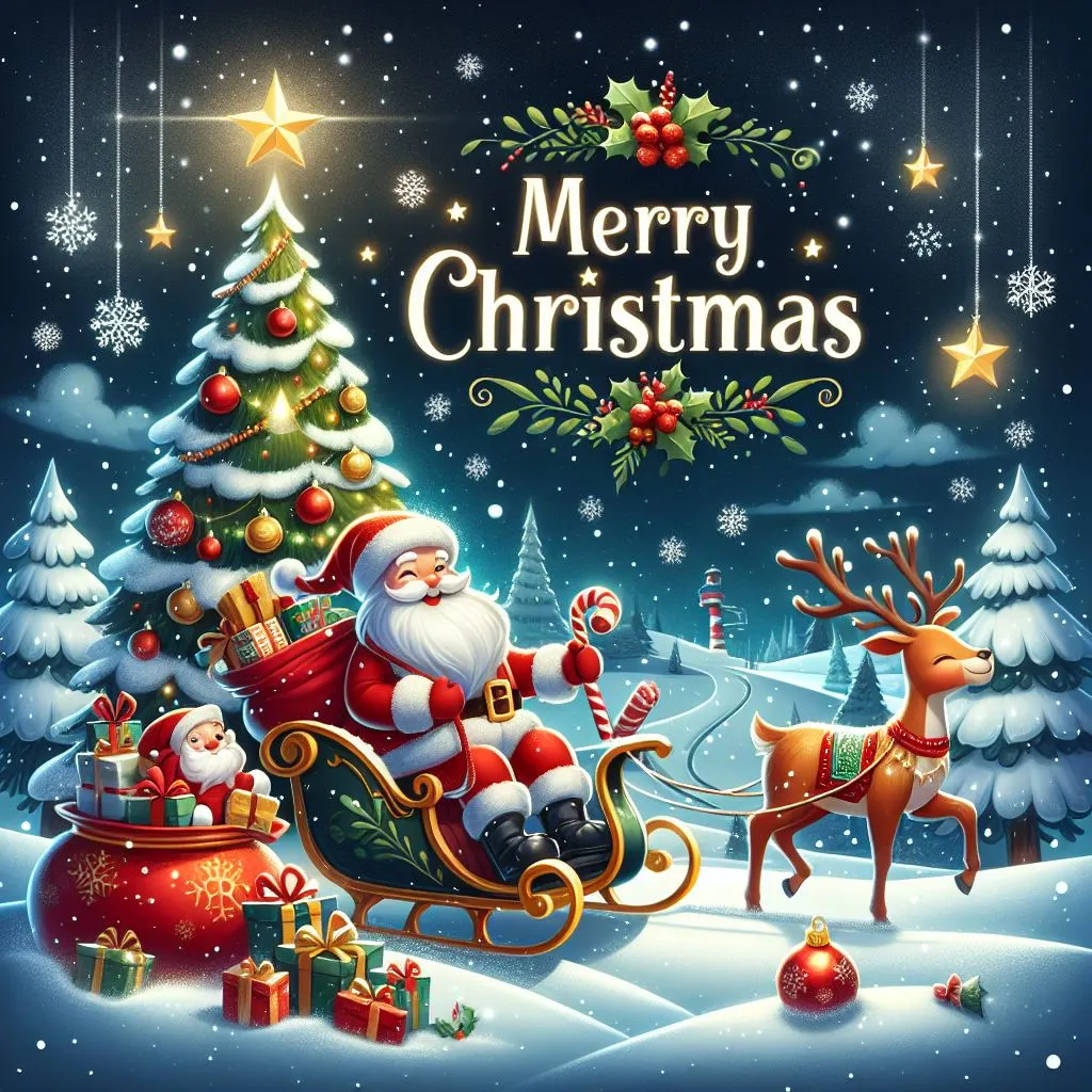 Merry Christmas Image with tree and santa claus